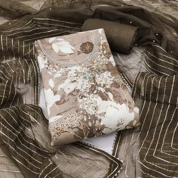 Olive cotton silk print handwork unstitched dress material 1