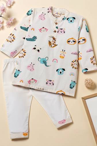 Boys white animal safari printed cotton kurta pyjama set