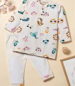Boys white animal safari printed cotton kurta pyjama set