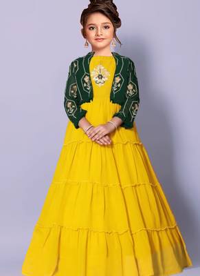 Lime Yellow And Green Jacket Style Kids PartyWear Gown Dress For Girls 1