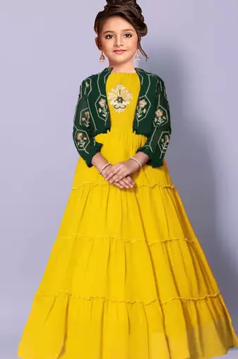 Lime Yellow And Green Jacket Style Kids PartyWear Gown Dress For Girls