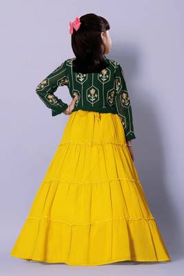 Lime Yellow And Green Jacket Style Kids PartyWear Gown Dress For Girls 2