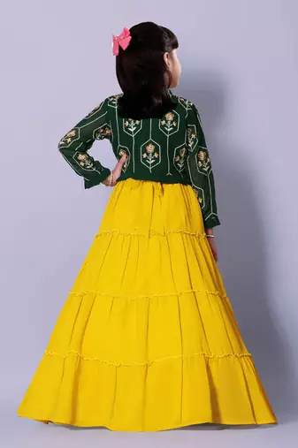 Lime Yellow And Green Jacket Style Kids PartyWear Gown Dress For Girls
