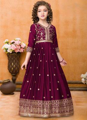 Rani Pink Rangoli Silk Sequance Embroidery Girls Partywear ReadyMade Gown Dress 1