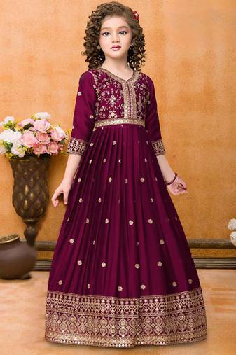 Rani Pink Rangoli Silk Sequance Embroidery Girls Partywear ReadyMade Gown Dress