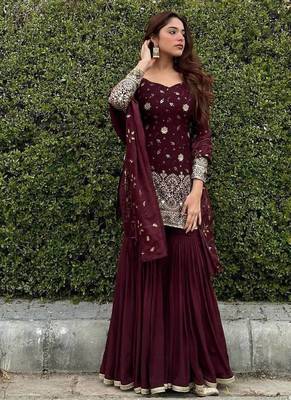 MAROON CHINON SILK  PARTY WEAR SUIT SET  1