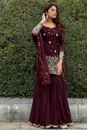 MAROON CHINON SILK  PARTY WEAR SUIT SET 