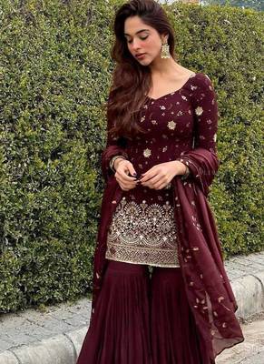 MAROON CHINON SILK  PARTY WEAR SUIT SET  2