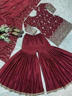 MAROON CHINON SILK  PARTY WEAR SUIT SET  3
