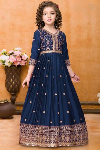Navy Blue Rangoli Silk Sequance Embroidery Girls Partywear ReadyMade Gown Dress