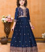 Navy Blue Rangoli Silk Sequance Embroidery Girls Partywear ReadyMade Gown Dress