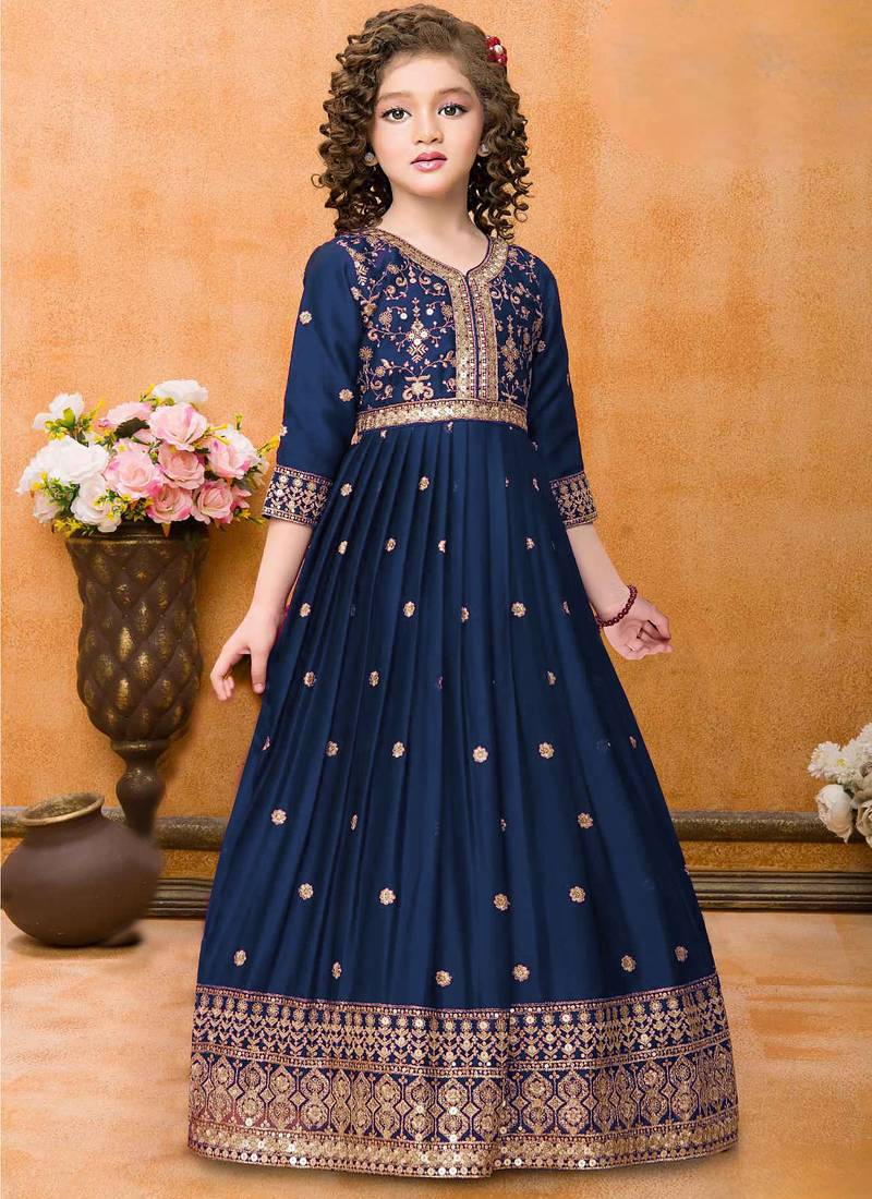 Navy Blue Rangoli Silk Sequance Embroidery Girls Partywear ReadyMade Gown Dress