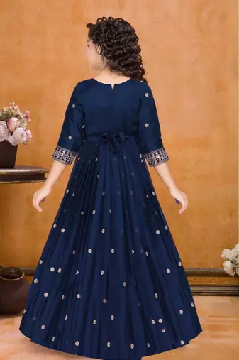 Navy Blue Rangoli Silk Sequance Embroidery Girls Partywear ReadyMade Gown Dress
