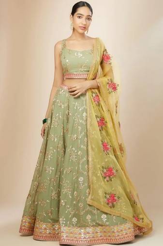 Pista Green Georgette Zari Thread sequin Embroidery Work Lehenga Choli