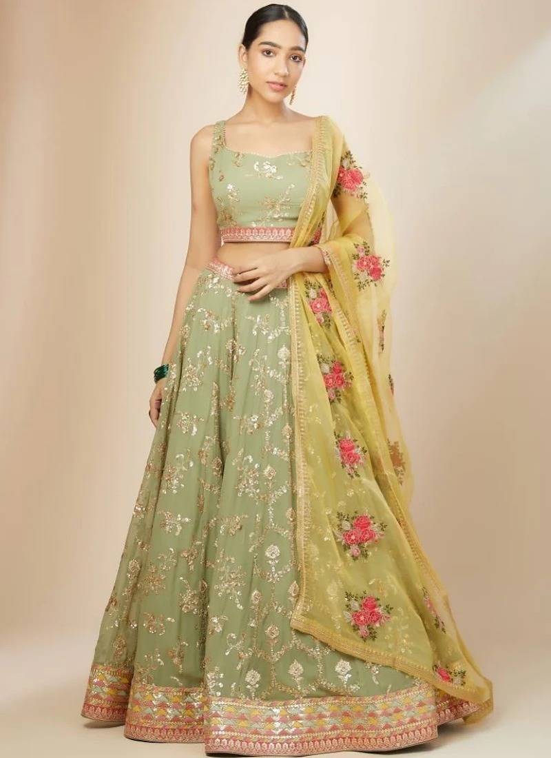Pista Green Georgette Zari Thread sequin Embroidery Work Lehenga Choli