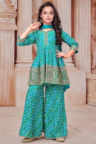 Rama Green Leheriya Pattern Embroidery Salwar suit For Girls