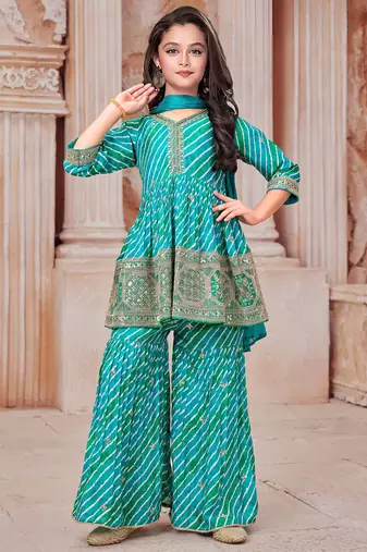 Rama Green Leheriya Pattern Embroidery Salwar suit For Girls