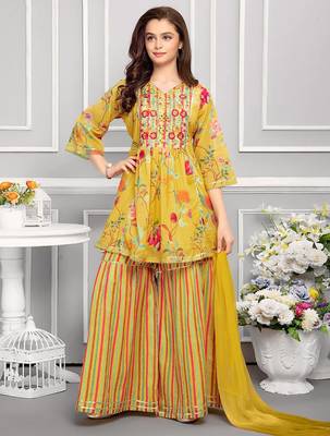 new printed Mustard peplum yellow kids palazzo set for girl dress 1