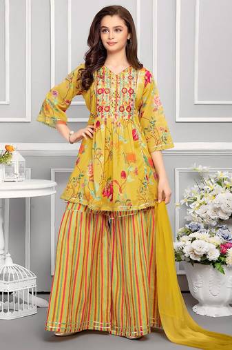 new printed Mustard peplum yellow kids palazzo set for girl dress