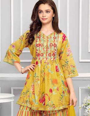 new printed Mustard peplum yellow kids palazzo set for girl dress 2