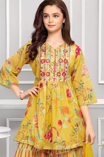 new printed Mustard peplum yellow kids palazzo set for girl dress