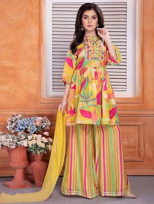 New Yellow Floral Printed Peplum yellow kids palazzo set for girl dress 1