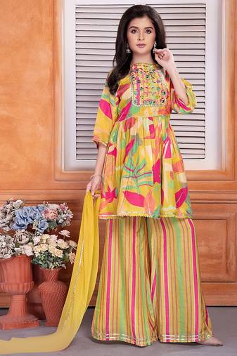 New Yellow Floral Printed Peplum yellow kids palazzo set for girl dress