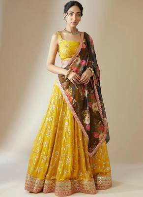 Yellow Georgette Floral sequin Work Lehenga Choli With Dupatta 1