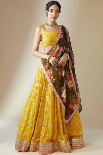 Yellow Georgette Floral sequin Work Lehenga Choli With Dupatta