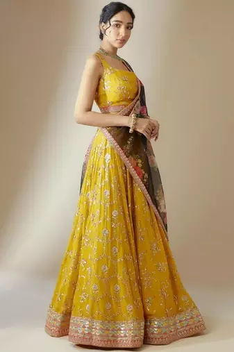 Yellow Georgette Floral sequin Work Lehenga Choli With Dupatta