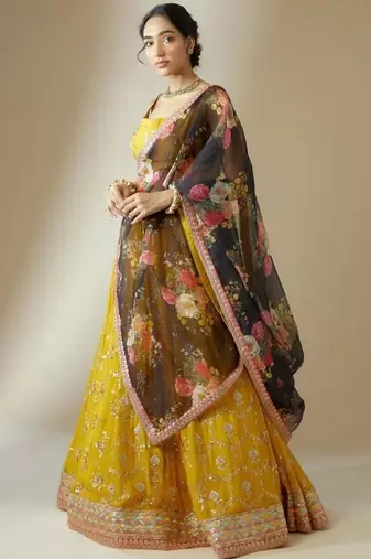 Yellow Georgette Floral sequin Work Lehenga Choli With Dupatta