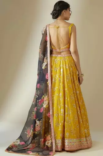 Yellow Georgette Floral sequin Work Lehenga Choli With Dupatta