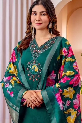 Green Designer Straight Kurti Pant Dupatta Set With Embroidery And Hand Work