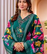Green Designer Straight Kurti Pant Dupatta Set With Embroidery And Hand Work