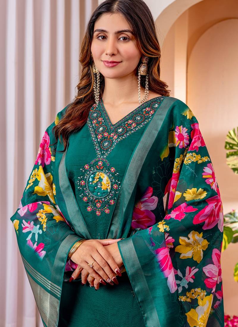 Green Designer Straight Kurti Pant Dupatta Set With Embroidery And Hand Work