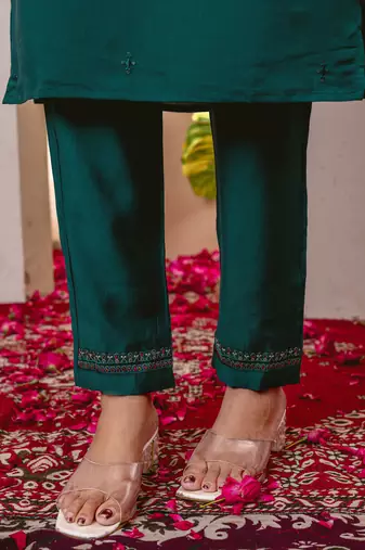 Green Designer Straight Kurti Pant Dupatta Set With Embroidery And Hand Work
