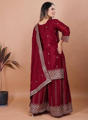 MAROON CHINON SILK  PARTY WEAR SHARARA  SUIT SET  6