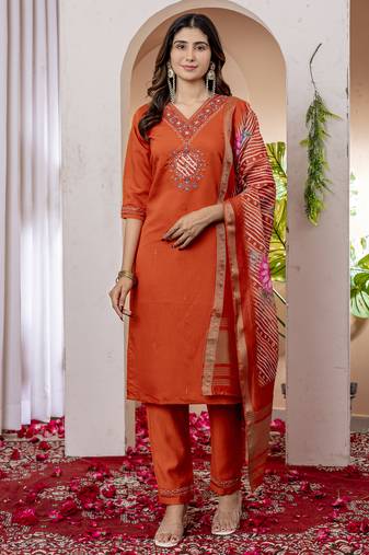 Orange Designer Straight Kurti Pant Dupatta Set With Embroidery And Hand Work
