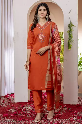 Orange Designer Straight Kurti Pant Dupatta Set With Embroidery And Hand Work