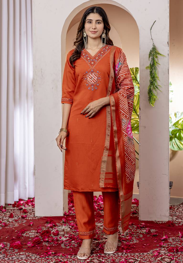 Orange Designer Straight Kurti Pant Dupatta Set With Embroidery And Hand Work