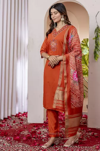 Orange Designer Straight Kurti Pant Dupatta Set With Embroidery And Hand Work