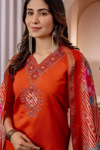Orange Designer Straight Kurti Pant Dupatta Set With Embroidery And Hand Work