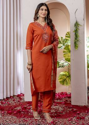 Orange Designer Straight Kurti Pant Dupatta Set With Embroidery And Hand Work 6