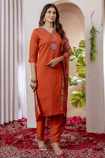 Orange Designer Straight Kurti Pant Dupatta Set With Embroidery And Hand Work