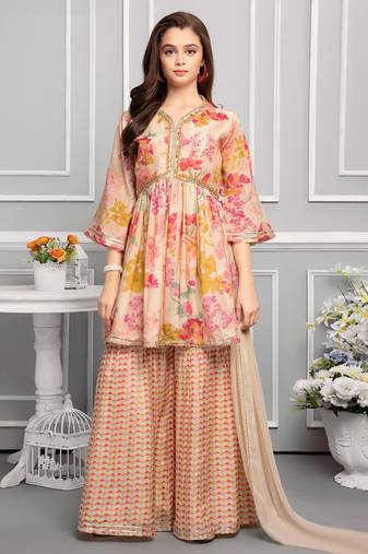 Beige Cream Printed Peplum kids palazzo set for girl dress