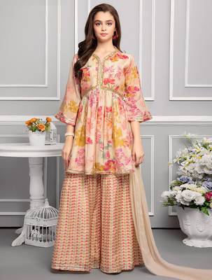 Beige Cream Printed Peplum kids palazzo set for girl dress 1
