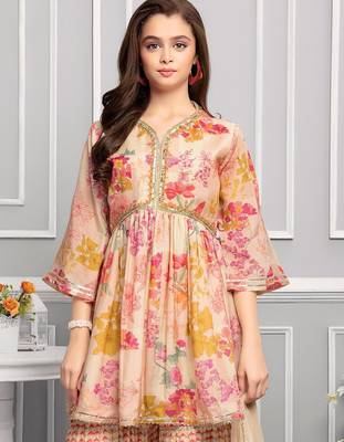 Beige Cream Printed Peplum kids palazzo set for girl dress 2