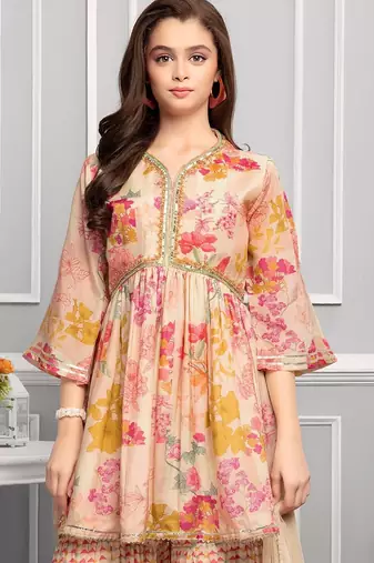 Beige Cream Printed Peplum kids palazzo set for girl dress