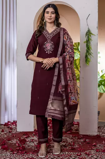 Wine Designer Straight Kurti Pant Dupatta Set With Embroidery And Hand Work