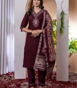 Wine Designer Straight Kurti Pant Dupatta Set With Embroidery And Hand Work